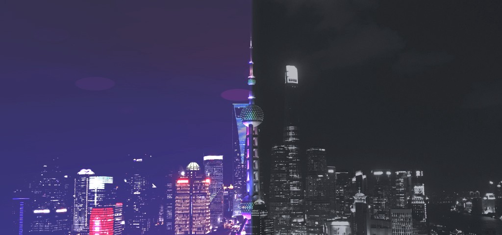 Shanghai skyline, half color, half monochrome